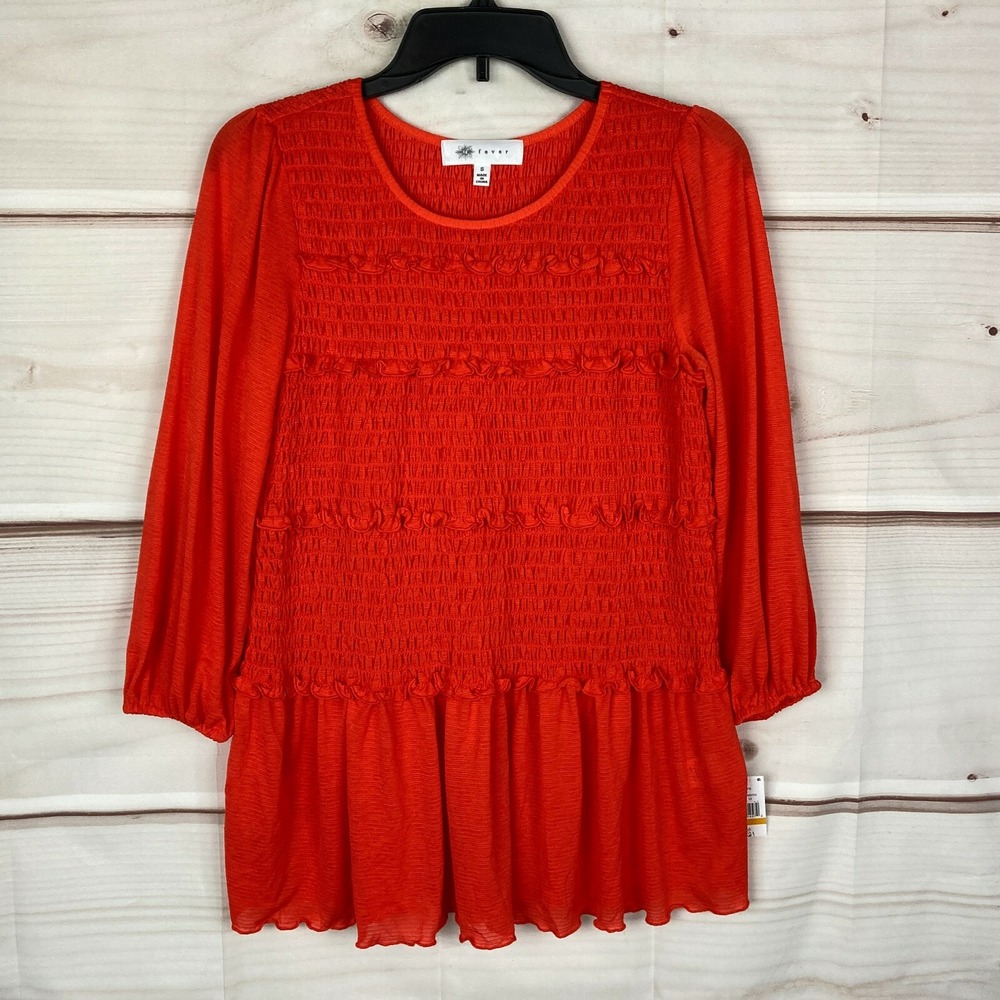 Fever Top Womens Small Smocked Peplum‎ Long Sleeve Orange 3/4 Sleeve Knit Blouse